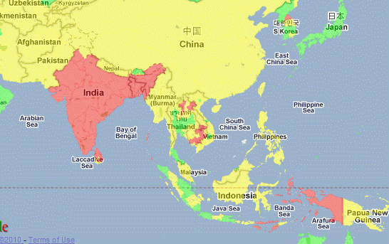 Malaria Map Asia 2010